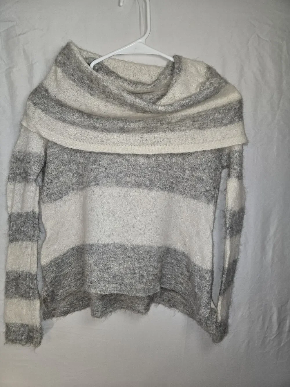 Free People Alpaca Cowl Neck Sweater US Womens Size S Cropped StrippedGray White